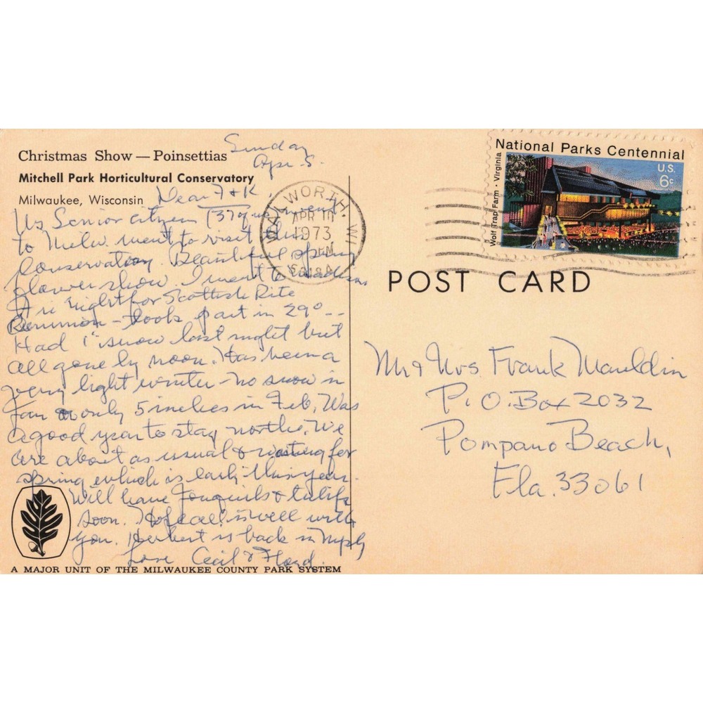 Vintage 1973 Mitchell Park Conservatory Poinsettia Show Postcard Milwaukee WI - Picture 2 of 2